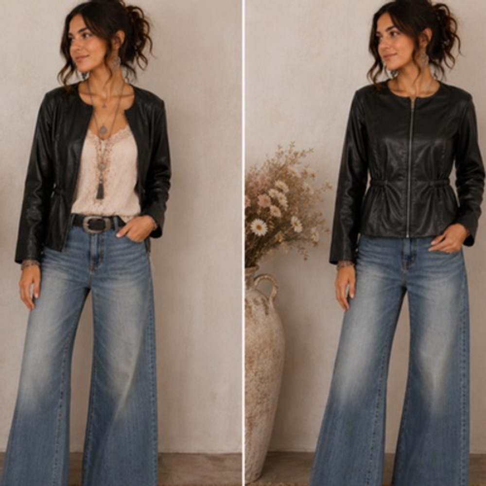 H&M Vegan Leather Zip Up Jacket With Cinched Waist Peplum Women Size M Black NWT